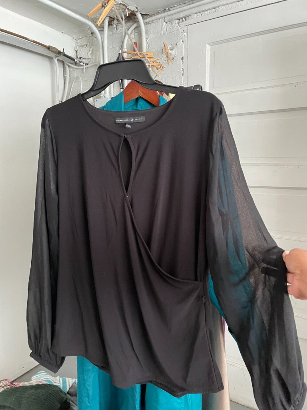 White House Black Market Top - Women's L - Dressy Top, Sheer Sleeve Black Blouse